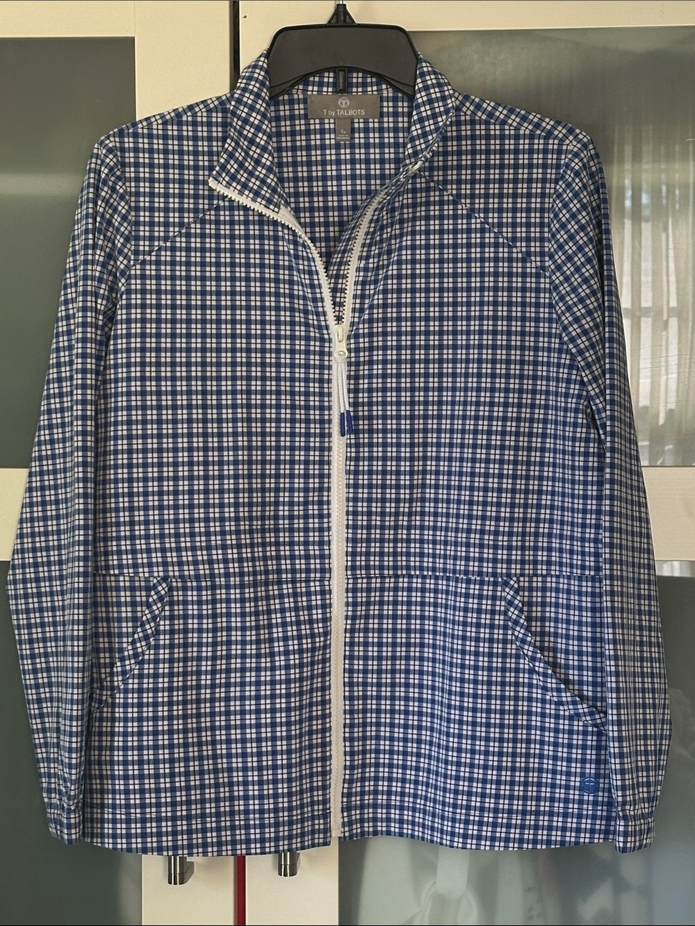 Talbots Navy and White Plaid Zip-Front Jean Jacket